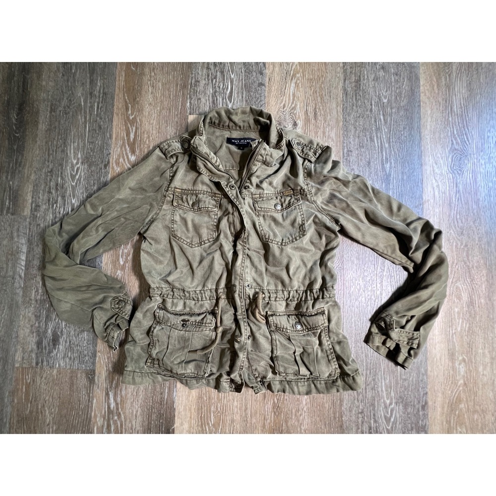Max Jeans Utility Jacket Womens Small Olive Green Military Cargo Drawstring